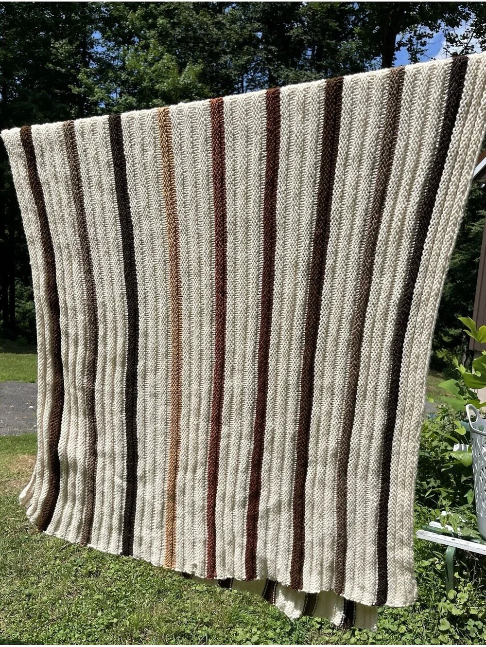 Handmade Brown Striped Afghan 30x80” Minimalist Cozy Neutral Earthy Colors